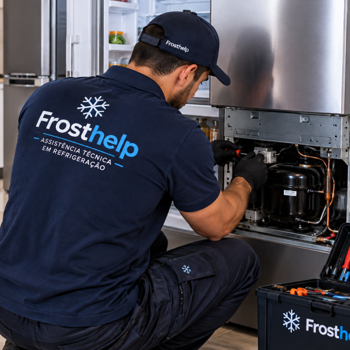 Técnico Frosthelp reparando geladeira